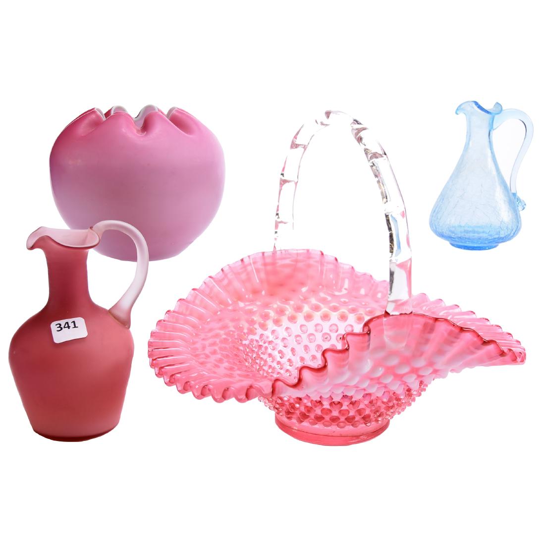 (4) Art Glass Items: (4) Art Glass Items - (1) 9" X 10.25" Cranberry Opalescent Hobnail Basket - (1) 6" Pink Satin Cruet with Frosted Glass Handle, No Stopper - (1) 4.5" Pink Satin Rose Bowl - (1) 4.75" Blue Crackle Cruet
