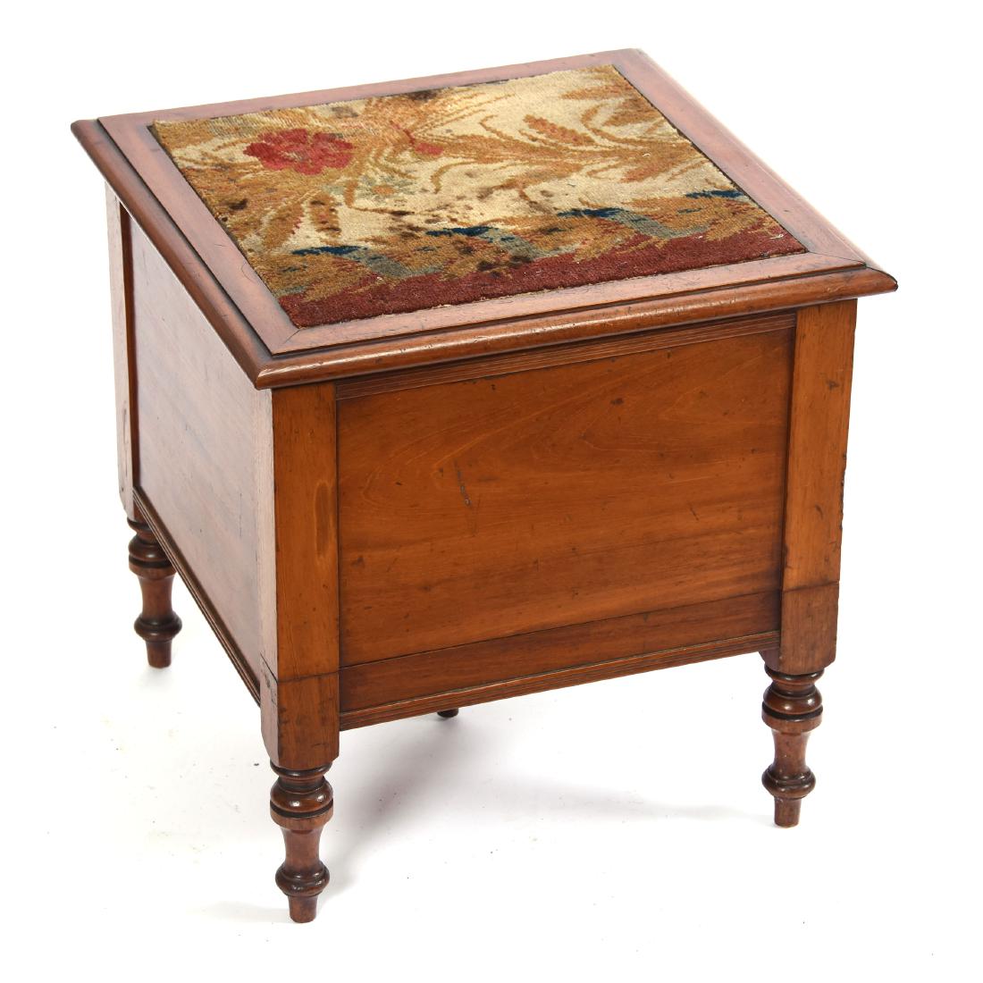 Victorian Walnut Commode 19" X 18.5": Victorian Walnut Commode - 19" X 18.5" Square - Needlepoint Hinged Lid - Interior Wood Seat Ring Lifts to Enable Removal of Handled Porcelain Chamber Pot with Lid - Unique Opportunity