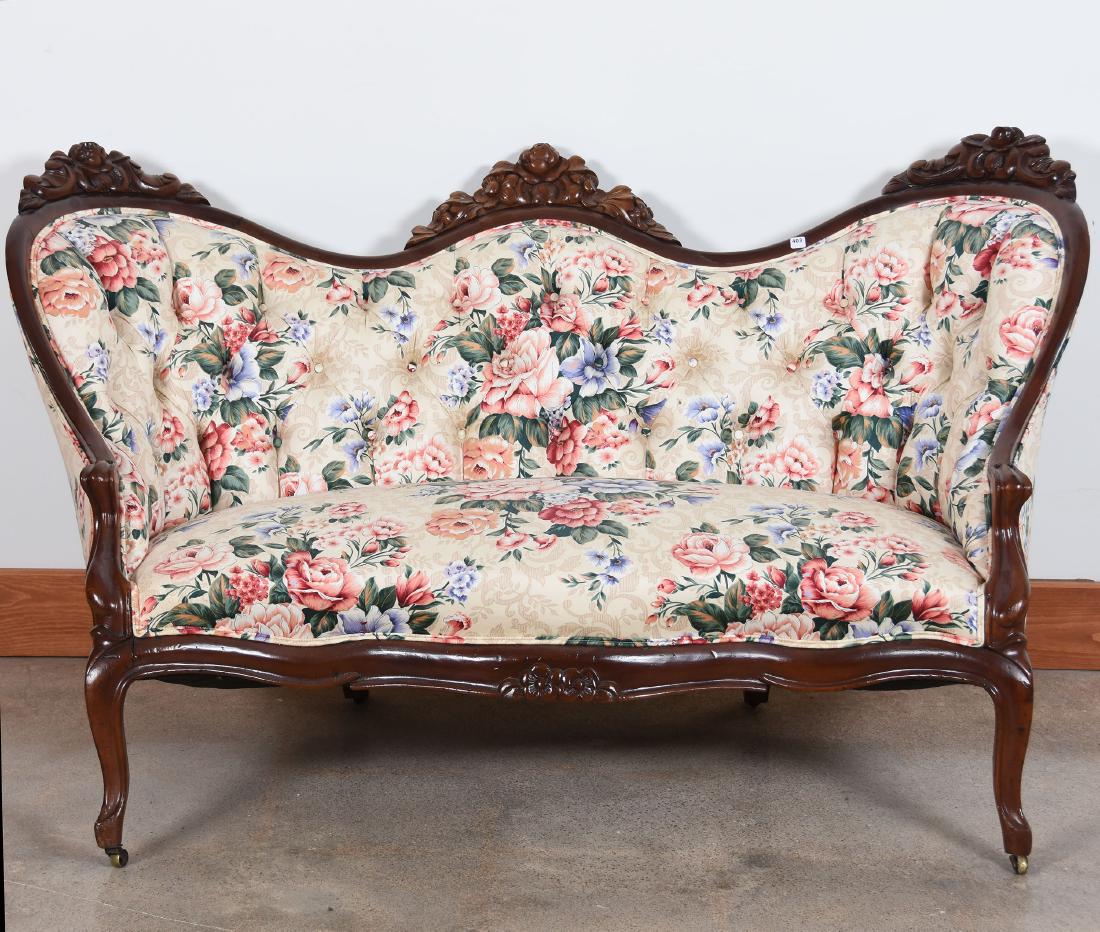 Victorian Walnut Loveseat 33" X 60": Victorian Walnut Loveseat - 33" X 60" - Carved Rose Decor - Nice Newly Re-Holstered with Floral Fabric