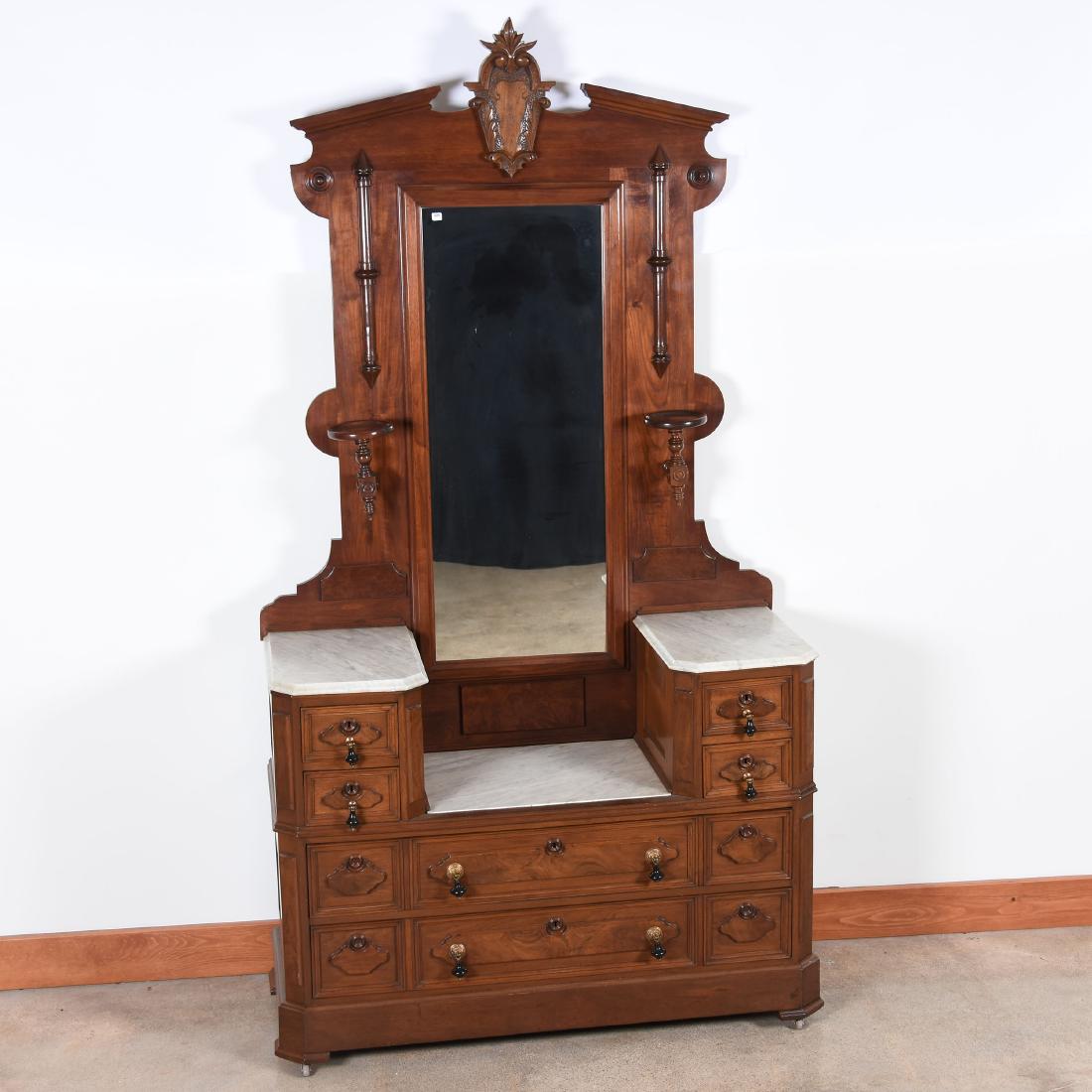 Victorian Burl Walnut Drop Well Dresser: Victorian Burl Walnut Drop Well Dresser - Approximately 94" X 50" - Mirror - Three Marble Tops - Two Large Lower Drawers - Four Smaller Upper Drawers - Ebony and Brass Pulls - Candle Stand Brackets -