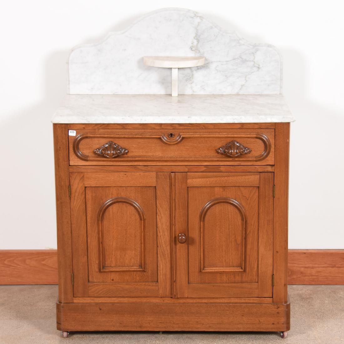 Victorian Walnut Marble Top Commode 43" X 32": Victorian Walnut Marble Top Commode - 43" X 32" - White Marble Top with Back Splash and Soap Shelf - Single Drawer - Two Doors