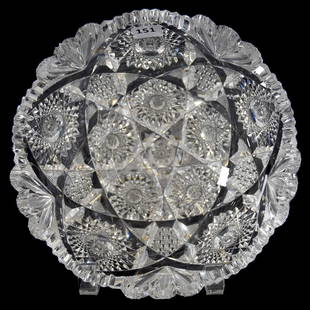 Bowl American Brilliant Cut Glass 3.5" X 8.25": Bowl - American Brilliant Cut Glass - 3.5" X 8.25" - Hobstar, Nailhead Diamond, Strawberry Diamond and Feather Motif - Feather Edges Have Been Touched Up - One Chip