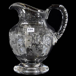 Pitcher American Brilliant Cut Glass 8.75": Pitcher - American Brilliant Cut Glass - 8.75" - Pedestal - Primrose Pattern by Tuthill - Clear Base with Polished Pontil - Double Notched Handle