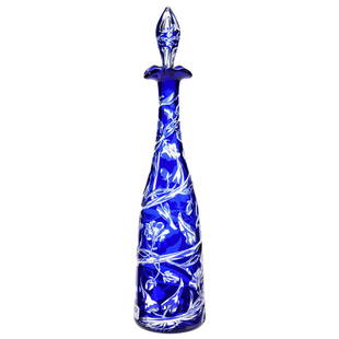 Blue Cut to Clear Decanter 16": Blue Cut to Clear Decanter - 16" - Brilliant Period Cut Glass - Fantastic Engraved Vine and Floral Body with Pattern Cut Stopper - Great Color