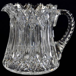 Cider Pitcher American Brilliant Cut Glass 6.25": Cider Pitcher - American Brilliant Cut Glass - 6.25" - Signed Hawkes Brunswick Pattern - Ray Cut Base - Triple Notched Handle - Clear Blank