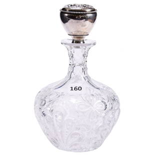 Rock Crystal Decanter American Brilliant Cut Glass: Rock Crystal Decanter - American Brilliant Cut Glass 7.25" Signed Hawkes - Shell, Floral and Blossom Decor - St. Louis Diamond Neck - Pattern Cut Base - Gorham Sterling Stopper #D167 - Nearly