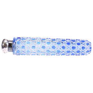 Blue Cut to Clear Laydown Perfume 7": Blue Cut to Clear Laydown Perfume - 7" - American Brilliant Cut Glass - Cane Pattern - Sterling Twist Cap Is Marked Gorham - Nice Color