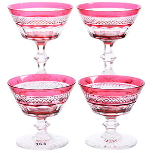 (4) Color to Clear Stems American Brilliant Cut Glass: (4) Color to Clear Stems - American Brilliant Cut Glass Cranberry Cut to Clear - (2) 4.5" Champagne Glasses - (2) 3.5" Sherbets - Flute Pattern with Diamond Band