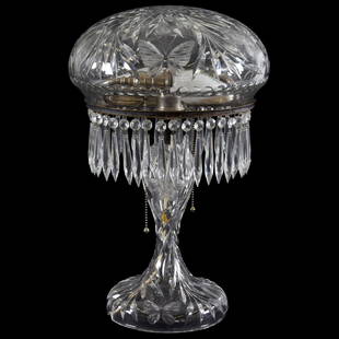 Mushroom Table Lamp American Brilliant Cut Glass: Mushroom Table Lamp - American Brilliant Cut Glass - 19" X 12" - Butterfly and Tulip Pattern Attributed to Pairpoint - Electrified - Two Light