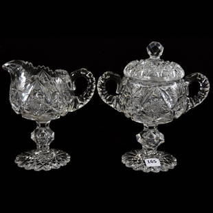 Pedestal Creamer & Sugar American Brilliant Cut Glass: Pedestal Creamer & Sugar - American Brilliant Cut Glass - Rare - 7.5" Covered Sugar and 6.25" Creamer - Hobstar, Vesica and Fan Motif - Pattern Resembles Fredericka by Anderson For American Cut