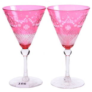 Pair Cranberry to Clear Sherries Brilliant Cut Glass: Pair Cranberry to Clear Sherries - Brilliant Cut Glass - 5.25" - Engraved Floral Garland with Diamond Band - Ray Cut Foot - Delicate Blank