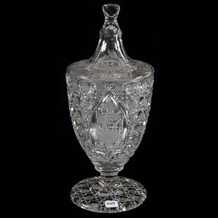 Covered Urn American Brilliant Cut Glass: Covered Urn - American Brilliant Cut Glass - 13.75" X 6" - Well Done Double Mitre Motif with Three Oval Engraved Windows - Pattern Cut Foot - Engraved Lid