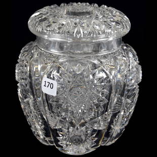 Cracker Jar American Brilliant Cut Glass 6.5" X 5": Cracker Jar - American Brilliant Cut Glass - 6.5" X 5" - Signed Hawkes Blown Mold - Hobstar and Fan Motif - Large Hobstar Lid - Quality Blank - Exactly as Featured in Pearson's Volume III, Page 150