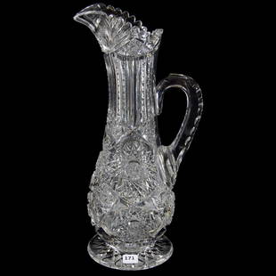 Pedestal Pitcher American Brilliant Cut Glass: Pedestal Pitcher - American Brilliant Cut Glass - 14.5" Hobstar, Strawberry Diamond, Zipper, Prism and Fan Motif - Double Notch Cross Hatch Handle - Hobstar Foot - Great Shape