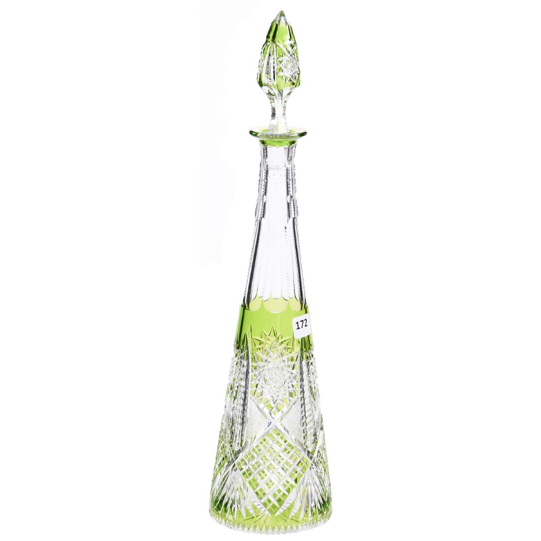 Green Cut to Clear Decanter Brilliant Cut Glass: Green Cut to Clear Decanter - Brilliant Cut Glass - 16.25" - Hobstar, Crosscut Diamond, Strawberry Diamond, Zipper and Fan Motif - Pattern Cut Stopper - Ray Cut Base - Attributed to Val St. Lambert
