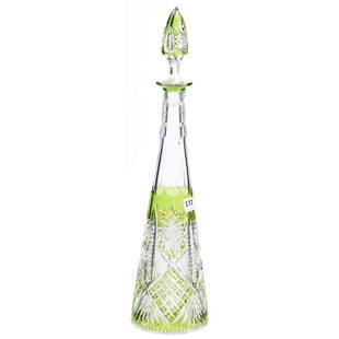 Green Cut to Clear Decanter Brilliant Cut Glass: Green Cut to Clear Decanter - Brilliant Cut Glass - 16.25" - Hobstar, Crosscut Diamond, Strawberry Diamond, Zipper and Fan Motif - Pattern Cut Stopper - Ray Cut Base - Attributed to Val St. Lambert
