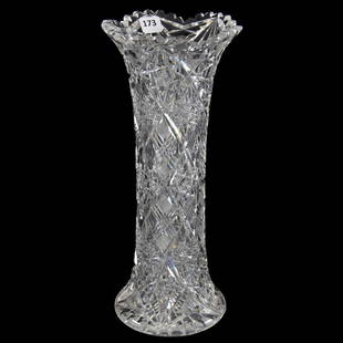 Corset Vase American Brilliant Cut Glass 12" X 5": Corset Vase - American Brilliant Cut Glass - 12" X 5" - Elfrida Pattern by Dorflinger - Ray Cut Base - (1) Outside Rim Tooth Chip