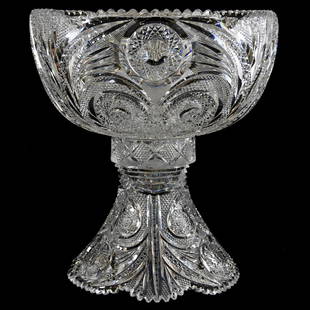 Extremely Rare Two-Part Punch Bowl 15.75" X 14": Extremely Rare Two - Part Punch Bowl - 15.75" X 14" - American Brilliant Cut Glass - Exquisite Heart-Shaped Design with Hobstar, Cane, Nailhead Diamond, Zipper and Fan Motif - Design Also Includes