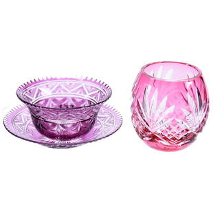 (2) Color Cut to Clear Items Brilliant Cut Glass: (2) Color Cut to Clear Items - Brilliant Cut Glass - (1) 2.5" Cranberry Cut to Clear Vase, Diamond and Fan Motif - (1) 1.75" X 3.75" Ramekin and Underplate, Amethyst Cut to Clear, Ray Cut Center with