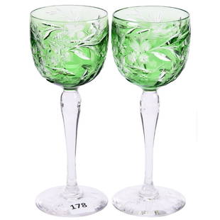 Pair Green Cut to Clear Rhine Wines 6.75": Pair Green Cut to Clear Rhine Wines - 6.75" - American Brilliant Cut Glass - Signed Hawkes Gravic Glass - Nice Floral Motif - Solid Stem - Pattern Cut Foot