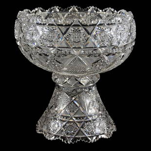 Punch Bowl American Brilliant Cut Glass: Punch Bowl - American Brilliant Cut Glass - 14.25" X 14" - Signed J. Hoare Marquise Pattern - Two-Part - Exactly as Featured in Black ACGA J. Hoare Catalog Reprint, Page 121 - Excellent Quality