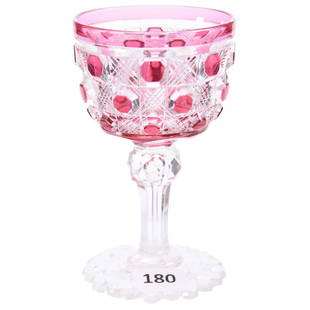 Cranberry Cut to Clear Wine 4.75": Cranberry Cut to Clear Wine - 4.75" - American Brilliant Cut Glass - Hawkes Pattern 3708 - Quadruple Mitre and Hob Button - Deep Cutting - Pattern Cut Scalloped Foot - Very Nice - Description UPDATED