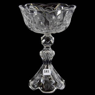 Compote American Brilliant Cut Glass 9" X 6": Compote - American Brilliant Cut Glass - 9" X 6" - Engraved Apple Branch Decor - Lapidary Cut Knob Stem - Petticoat Pattern Cut Base - Clear Blank