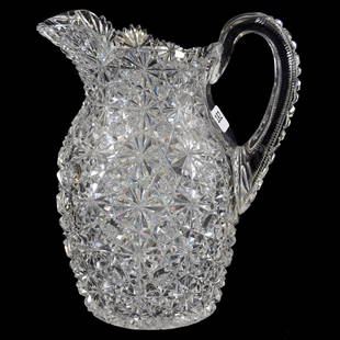 Pitcher American Brilliant Cut Glass 8.25": Pitcher - American Brilliant Cut Glass - 8.25" - Russian Pattern with Star Cut Buttons - Ray Cut Base - Hob Button Cut Handle - Attributed to Dorflinger - Possible Touch-Up on Rim