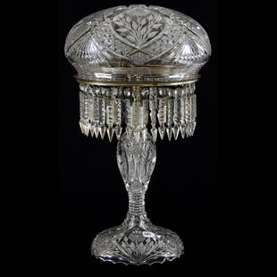 Signed J. Hoare Mushroom Shade Table Lamp 21" X 12": Signed J. Hoare Mushroom Shade Table Lamp - 21" X 12" - American Brilliant Cut Glass - Nassau Pattern - Electrified - Two Light