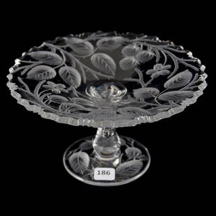 Compote American Brilliant Cut Glass 4.5" X 8": Compote - American Brilliant Cut Glass - 4.5" X 8" - Finely Engraved Berry, Branch and Blossom Motif - Notched Stem - Pattern Cut Foot - Attributed to Tuthill