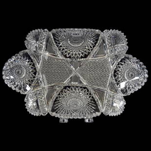Blown Mold Tray American Brilliant Cut Glass: Blown Mold Tray - American Brilliant Cut Glass - 2.5" X 12.75" X 8" - Four Large Hobstars with Nailhead Diamond, Strawberry Diamond, Star and Prism Highlights - Superior Blank - Dangerously Sharp