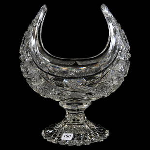 Rare Pedestal Crescent Vase 10.75" X 9": Rare Pedestal Crescent Vase - 10.75" X 9" - American Brilliant Cut Glass - Mid-Size - Signed Libbey Diana Pattern - Scalloped Hobstar Petticoat Foot - Excellent Blank - Chip on Scalloped Foot - Chip