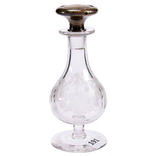 Pedestal Perfume American Brilliant Cut Glass 5.75": Pedestal Perfume - American Brilliant Cut Glass - 5.75" - Signed Tuthill - Engraved Floral Garland Motif - Gorham #125D Sterling Silver Stopper