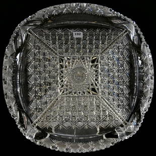 Blown Mold Bowl American Brilliant Cut Glass: Blown Mold Bowl - American Brilliant Cut Glass - 3" X 14" Square - Hobstar Center with Harvard Motif and Strawberry Diamond Fan Border - Exceptionally Rare Shape - Fine Quality Blank