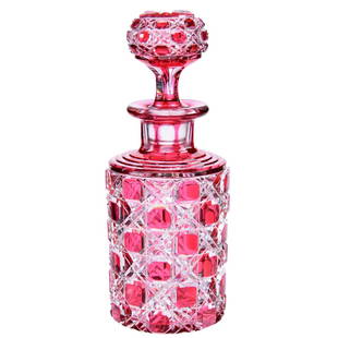 Cranberry Cut to Clear Cologne 7": Cranberry Cut to Clear Cologne - 7" - Brilliant Period Cut Glass - Cane Pattern with Pattern Cut Stopper - Ray Cut Base