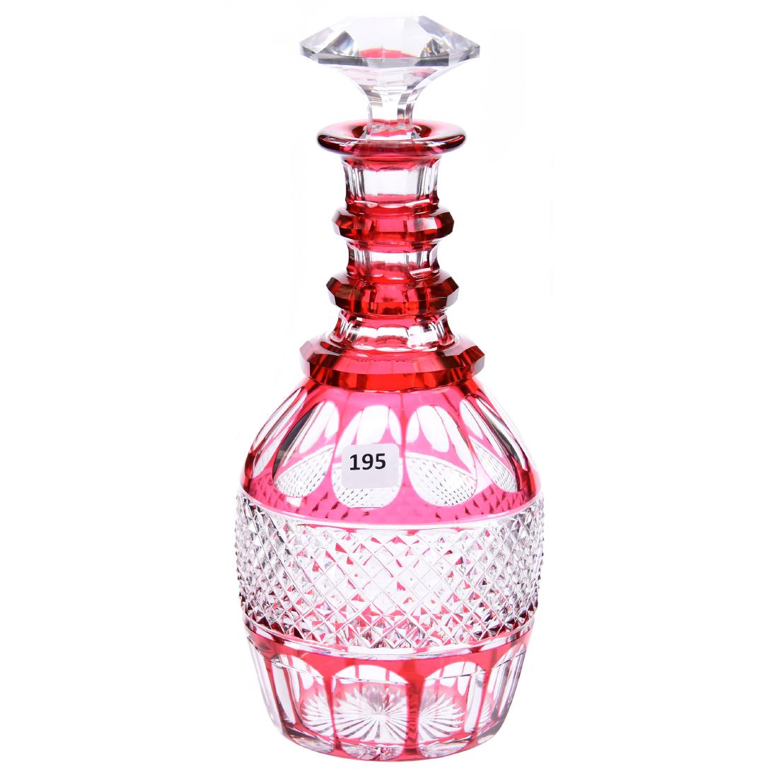 Cranberry Cut to Clear Decanter 11.25": Cranberry Cut to Clear Decanter - 11.25" - Brilliant Cut Glass - Triple Ring Neck - Diamond Cut Band - Ray Cut Base - Attributed to New England Glass Company