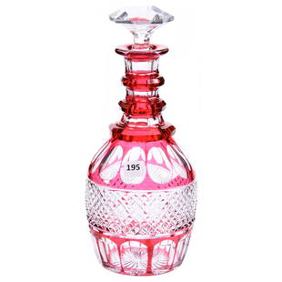 Cranberry Cut to Clear Decanter 11.25": Cranberry Cut to Clear Decanter - 11.25" - Brilliant Cut Glass - Triple Ring Neck - Diamond Cut Band - Ray Cut Base - Attributed to New England Glass Company