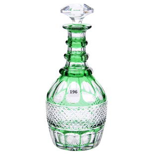 Green Cut to Clear Decanter 11.25": Green Cut to Clear Decanter - 11.25" - Brilliant Cut Glass - Triple Ring Neck - Diamond Cut Band - Ray Cut Base - Attributed to New England Glass Company