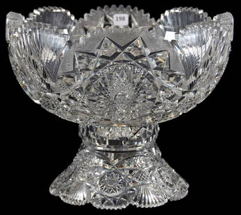 Punch Bowl American Brilliant Cut Glass 9.75" X 12": Punch Bowl - American Brilliant Cut Glass - 9.75" X 12" - Hobstar, Nailhead Diamond, Crosscut Diamond, Strawberry Diamond and Fan Motif - Thick Blank - Two Teeth on Base Have Minor Nicks