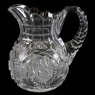 Pitcher American Brilliant Cut Glass 7.5": Pitcher - American Brilliant Cut Glass - 7.5" - Hobstar, Prism, Strawberry Diamond and Fan Motif - Ray Cut Base - Triple Notched Handle