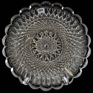 Tray American Brilliant Cut Glass 11.5" Round: Tray - American Brilliant Cut Glass - 11.5" Round - Signed Taylor Brothers - Elaborate Flashed Hobstar Motif - Nice Quality Blank
