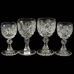 (4) Stems American Brilliant Cut Glass: (4) Stems - American Brilliant Cut Glass - Corinthian Pattern by Mt. Washington - Scalloped Hobstar Foot - (2) 5" Stems (One Tooth on One Stem Has Been Polished) - (2) 4.25" Stems