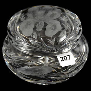 Covered Powder Box American Brilliant Cut Glass: Covered Powder Box - American Brilliant Cut Glass 3.25" X 4.25" Signed Hawkes - Gravic Iris Pattern