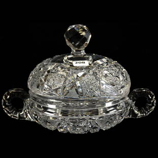 Covered Handled Dish 6" X 9" Across Handles: Covered Handled Dish - 6" X 9" Across Handles - American Brilliant Cut Glass - Hobstar, Strawberry Diamond and Notched Fan Motif - Double Notched Handles - Extra Clear Blank