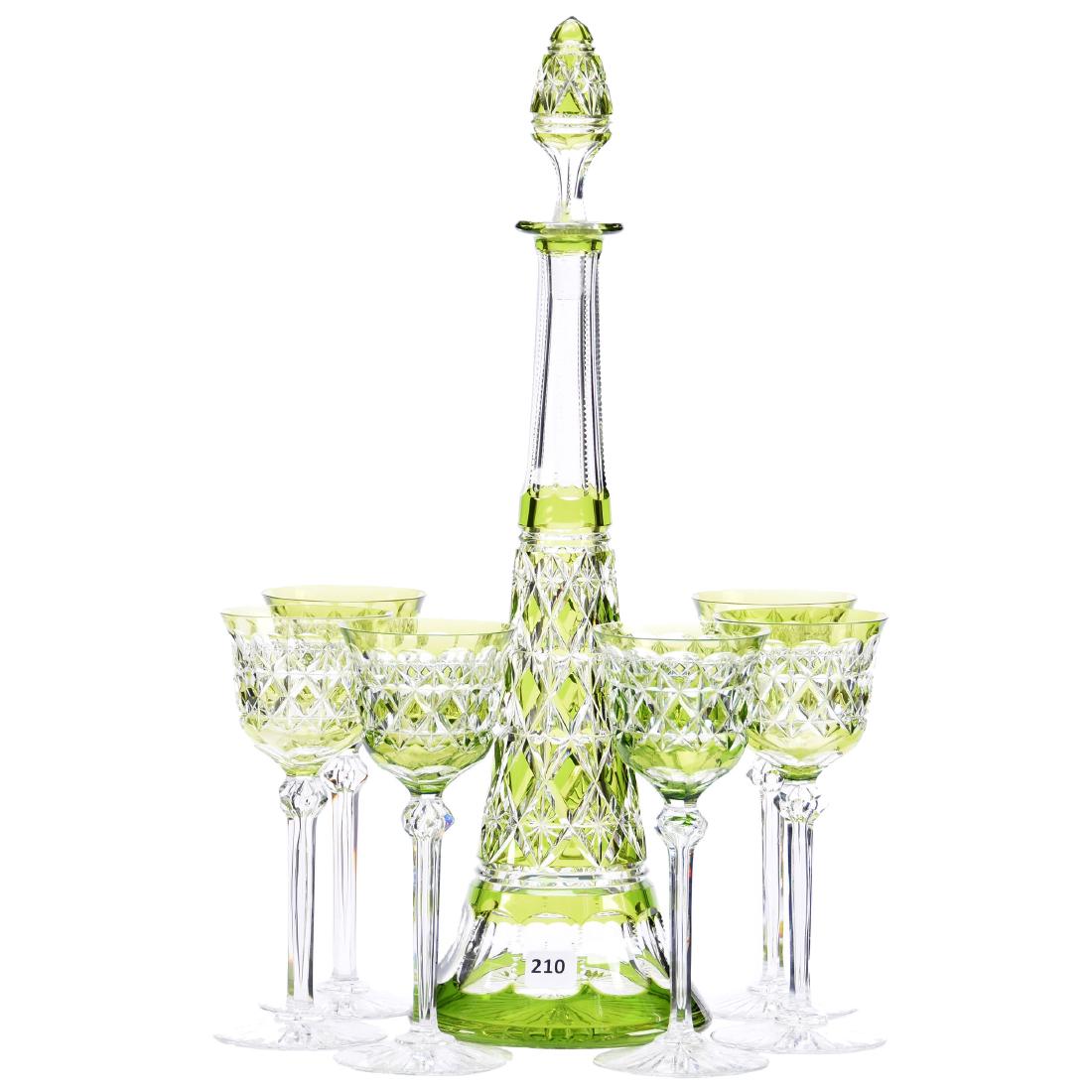 Green Cut to Clear Decanter Set Brilliant Cut Glass: Green Cut to Clear Decanter Set - Brilliant Cut Glass - 17.5" Pyramid Decanter - Diamond and Star Motif - Pattern Cut Stopper - Sells with (6) Matching 7.25" Rhine Wine Glasses - Attributed to Val St.