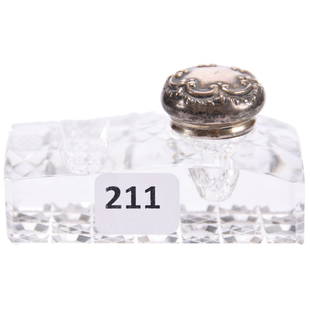 Small Inkwell / Pen Rest American Brilliant Cut Glass: Small Inkwell / Pen Rest - American Brilliant Cut Glass 1.75" X 3" X 1.75" - Harvard Cut Base - Sterling Silver Twist Cap to Access Small Well