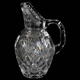 Jug American Brilliant Cut Glass 11": Jug - American Brilliant Cut Glass - 11" - Harvard Pattern by Libbey - Two Quart Jug - Exact Shape Featured in Libbey ACGA Catalog Reprint, Page 51 - Ray Cut Base - Pattern Cut Handle - Nice Quality
