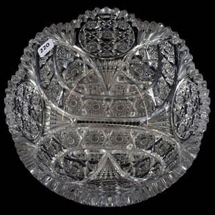 Bowl American Brilliant Cut Glass 4.25" X 9": Bowl - American Brilliant Cut Glass - 4.25" X 9" - Quality Cut Hobstar, Vesica, Circular Cluster and Notched Fan Motif - Fine Blank - One Tooth Has Sliver