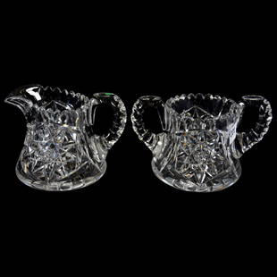 Creamer & Sugar American Brilliant Cut Glass: Creamer & Sugar - American Brilliant Cut Glass - Signed Tuthill - Simple Hobstar with Ray Cut Base - Double Notched Handles - One Handle on Sugar Is Cracked