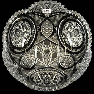 Bowl American Brilliant Cut Glass 4.25" X 9": Bowl - American Brilliant Cut Glass - 4.25" X 9" - Circular Modified Hobstar Cluster with Russian, Cane, Strawberry Diamond and Vesica Highlights - Two Teeth Have Small Chips